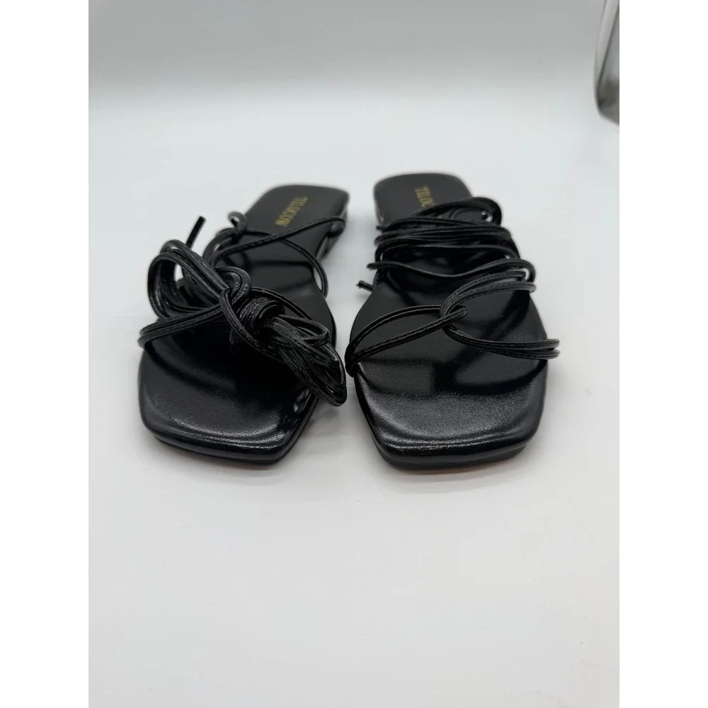 Tilocow Black Lace Up Sandals Square Toe Strappy Gladiator Flats Womens 7